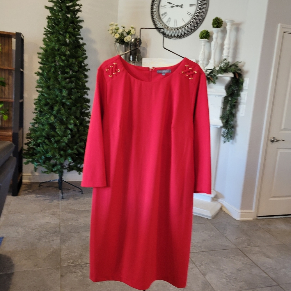 Stretchy Plus size 22w Cocktail Formal Red Shift Dress Sharagano 3/4 sleeves